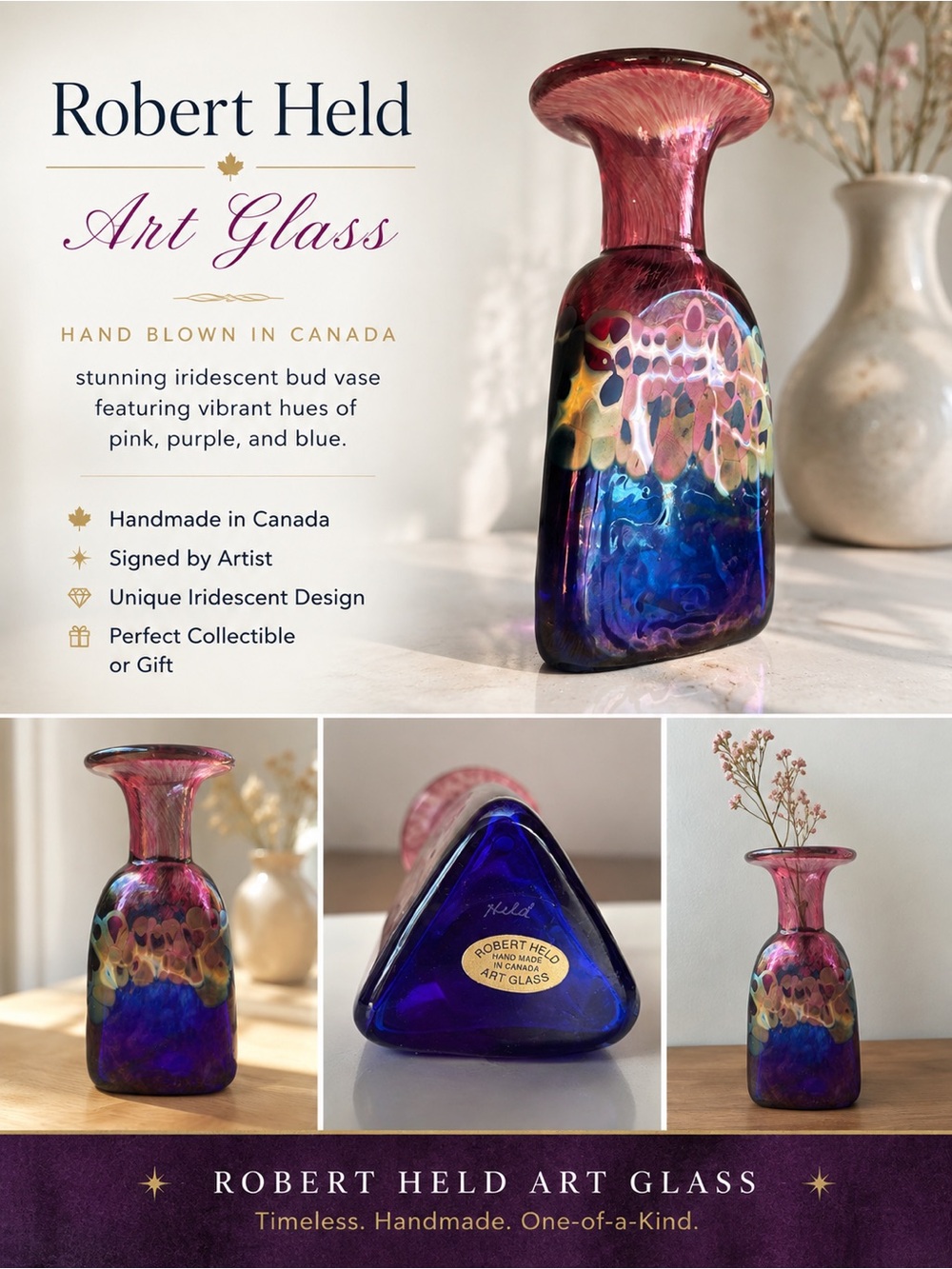 Robert Held Iridescent Pink, Purple & Blue Art Glass Bud Vase